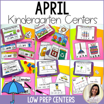 Preview of Low Prep April Centers Kindergarten Literacy and Math Stations