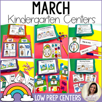 Preview of Low Prep March Centers Kindergarten Literacy and Math Stations