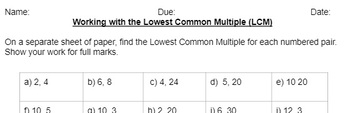 Preview of Lowest Common Multiple (LCM) worksheet