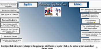 Preview of Loyalists vs. Patriots Drag & Drop Google Slides Sort with Video 