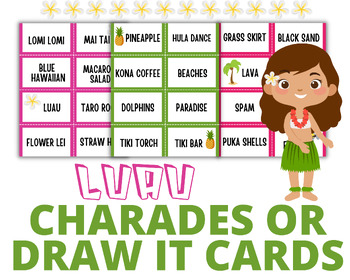 Preview of Luau Charades or Draw It Cards, Hawaii, Games, Creative Arts, Vocabulary