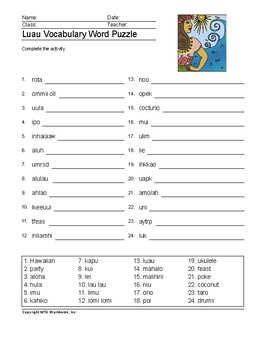 luau word search and vocabulary worksheet printables by lesson machine