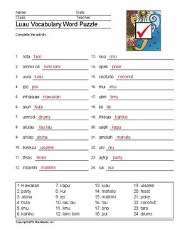 luau word search and vocabulary worksheet printables by lesson machine