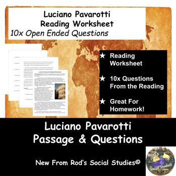 Preview of Luciano Pavarotti Reading Worksheet **Editable**