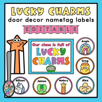 Preview of Lucky Charms Door Decor | Editable Name Tag Labels | Bulletin Board | March