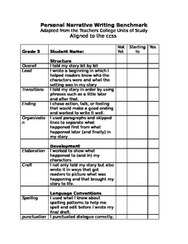 Preview of Lucy Calkins CCSS Narrative Rubric/Benchmark/ Student Checklist