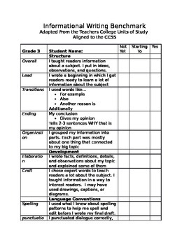Preview of Lucy Calkins Units of Study Benchmark Assessment/ Student Checklist