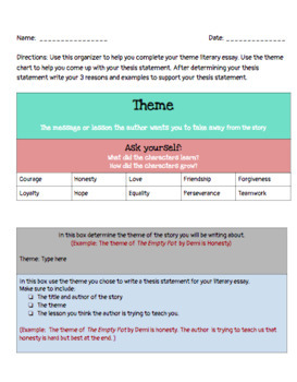 Preview of Lucy Calkins Writers Workshop -Literary Essay Graphic Organizer (Theme)