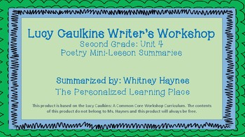 Preview of Lucy Caulkins Summaries - Writing Workshop (2nd Grade - Unit 4: Poetry)