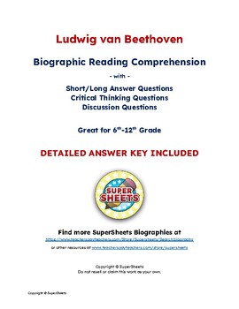 Preview of Ludwig van Beethoven Biography: Reading Comprehension & Questions w/ Answer Key