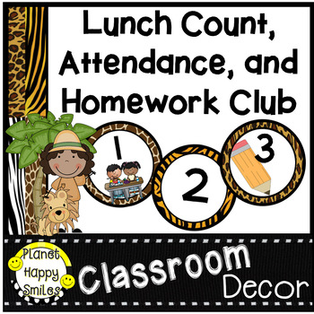Preview of Lunch Count, Number Cards and Homework Club, Jungle Theme or Safari Theme