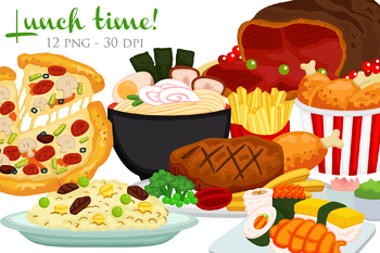 Preview of Lunch Food Pizza Sushi Steak Chicken - Cute Cartoon Vector Clipart Illustration