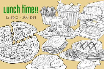 Preview of Lunch Steak Pizza Noodle Sushi French Fries - Black White Outline- Digital Stamp