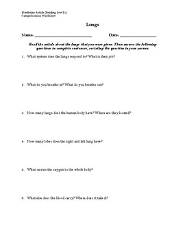 Preview of Lungs Article (Reading Level 1) Comprehension Worksheet
