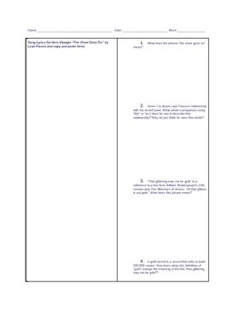 Preview of Lupe Fiasco "The Show Goes On" Hip Hop Analysis, Rap Lyrics Meaning Worksheet