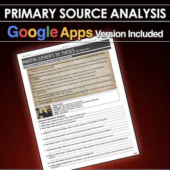 Luther’s 95 Theses Primary Source Worksheet (Reformation) + Distance