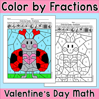 Preview of Ladybug Math Fractions Activity - Valentine's Day Color by Number Page
