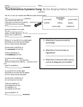 Preview of Lyric and Question worksheet - The Singing History Teacher's Economy