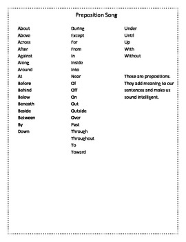 Preposition Song Worksheets Teachers Pay Teachers