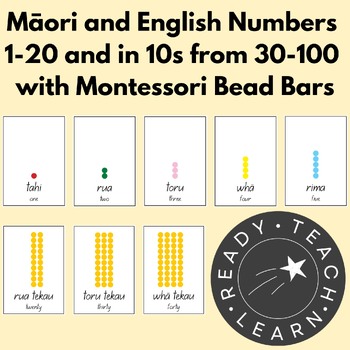 Preview of Māori and English Numbers 1-20 and in 10s from 30-100 with Montessori Bead Bars