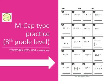 Preview of M-CAP Practice/Integer Math - TEN WORKSHEETS - 8th Grade level and up