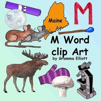 Preview of M Word Phonics Clip Art in Realistic Color and Black Line