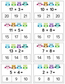 M091 (GOOGLE): OWL (adding) (sum:9-20) (multiple choice cards) (3pgs)