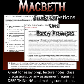 Preview of MACBETH Study Questions & Essay Prompts (review, test, lecture) on Word Document