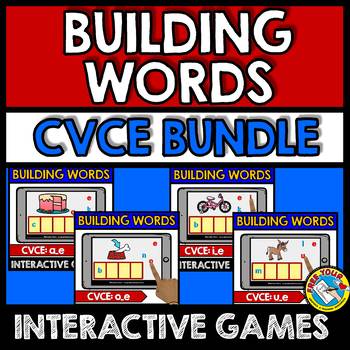 Preview of MAGIC E ACTIVITY BUILD CVCE WORDS BOOM CARDS 1ST GRADE LONG VOWELS SILENT E GAME