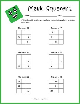 Preview of MAGIC SQUARES - 8 Fun Addition Puzzle Worksheets - 3rd 4th 5th 6th Grade