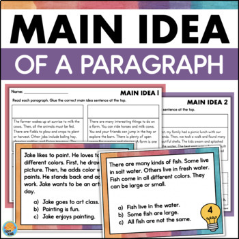 Preview of MAIN IDEA 2nd Grade Reading Comprehension Task Cards Worksheets Central Idea