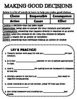 MAKING GOOD DECISIONS-WORKSHEET by Miss Ayla Helps | TpT