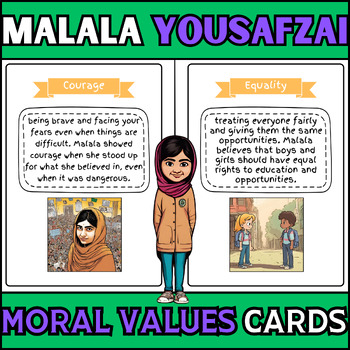 Preview of MALALA YAFOUZA Moral Values Cards | WOMEN HISTORY MONTH |Pre-K to 1st Grade