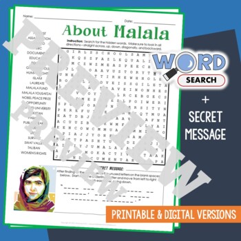 Preview of MALALA YOUSAFZAI Word Search Puzzle Activity Vocabulary Worksheet Secret Message