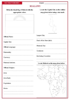 Preview of MALAWI Fact File Worksheet - Research Sheet