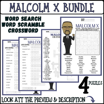 MALCOLM X bundle word search word scramble crossword by Mind Games