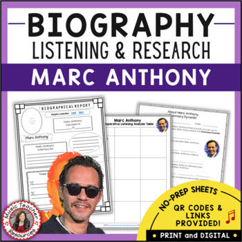 Preview of MARC ANTHONY Research and Music Listening Activities and TpT Digital Activity