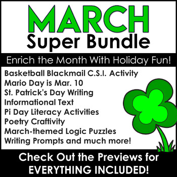 Preview of MARCH Activities | St. Patricks Day | Super MAR10 Day Literacy Centers | C.S.I.
