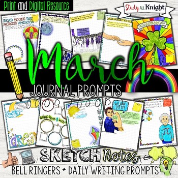 Preview of March Journal Prompts, Bell Ringers, Spring Activities, St. Patrick's Day