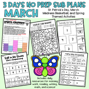 Preview of MARCH SUB PLANS: 3 Days No Prep Sub Plans 2nd Grade Spring March Madness