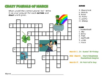 MARCH Themed Plurals Crossword Puzzle by Myra Stoudt TPT