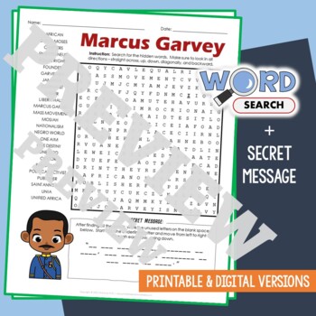 Preview of MARCUS GARVEY Word Search Puzzle Activity Vocabulary Worksheet Secret Message