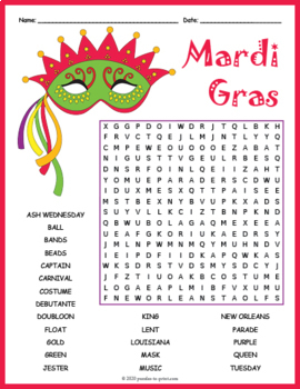 Preview of (4th, 5th, 6th, 7th Grade) MARDI GRAS CARNIVAL Word Search Worksheet Activity