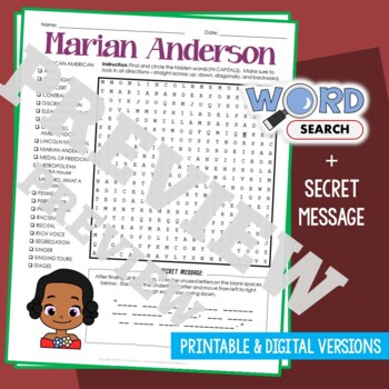 Preview of MARIAN ANDERSON Word Search Puzzle Activity Vocabulary Worksheet Secret Message