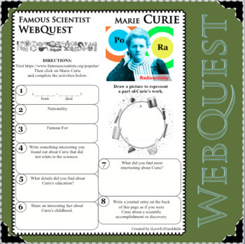 Preview of MARIE CURIE Science WebQuest Scientist Research Project Biography Notes