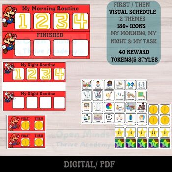 Preview of MARIO THEME First Then Schedule.Tokens &180+ Pics. MORNING, NIGHT & TASK.