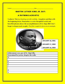 Preview of MARTIN LUTHER KING DAY: A RHYMING ACROSTIC ACTIVITY
