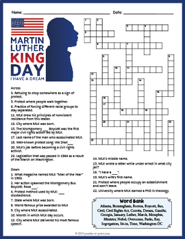 Preview of MARTIN LUTHER KING JR DAY Crossword Puzzle Worksheet - 4th, 5th, 6th & 7th Grade