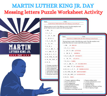 Preview of MARTIN LUTHER KING JR. DAY Vocabulary Missing letters Puzzle Worksheet Activity