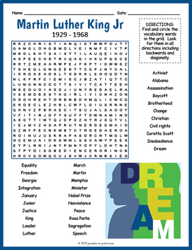Preview of MARTIN LUTHER KING JR. DAY Word Search Worksheet - 3rd, 4th, 5th, 6th Grade